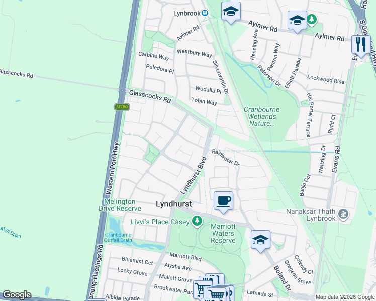 map of restaurants, bars, coffee shops, grocery stores, and more near 16 Wattle Valley Close in Lyndhurst