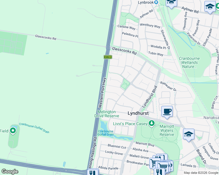 map of restaurants, bars, coffee shops, grocery stores, and more near 21 Caribbean Pine Court in Lyndhurst