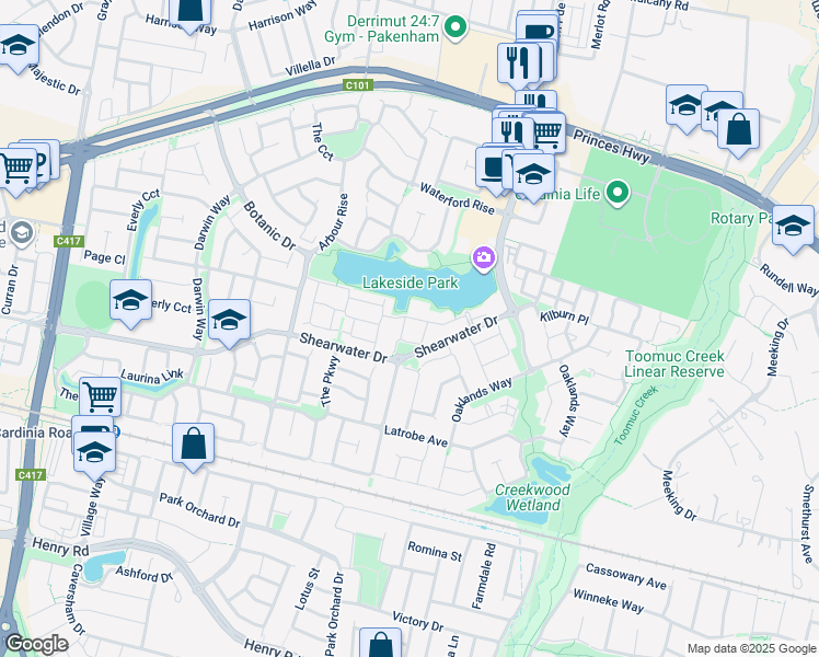 map of restaurants, bars, coffee shops, grocery stores, and more near 20 Petrel Circuit in Pakenham