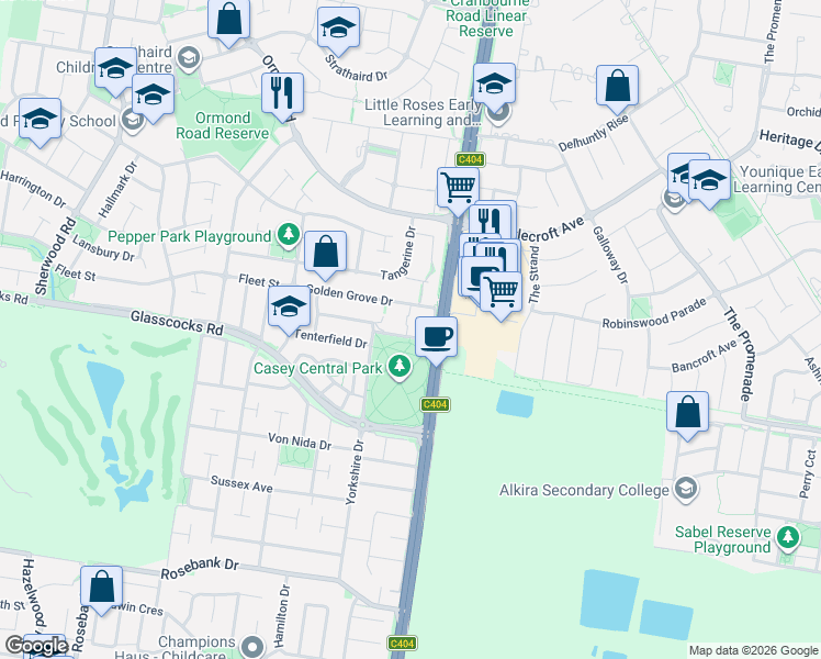 map of restaurants, bars, coffee shops, grocery stores, and more near 59 Golden Grove Drive in Narre Warren South