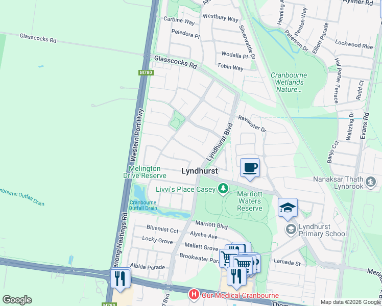 map of restaurants, bars, coffee shops, grocery stores, and more near 19 Beechwood Drive in Lyndhurst