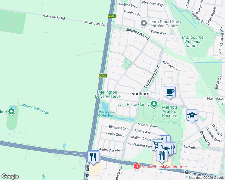 map of restaurants, bars, coffee shops, grocery stores, and more near 27 Bulga Wattle Circuit in Lyndhurst