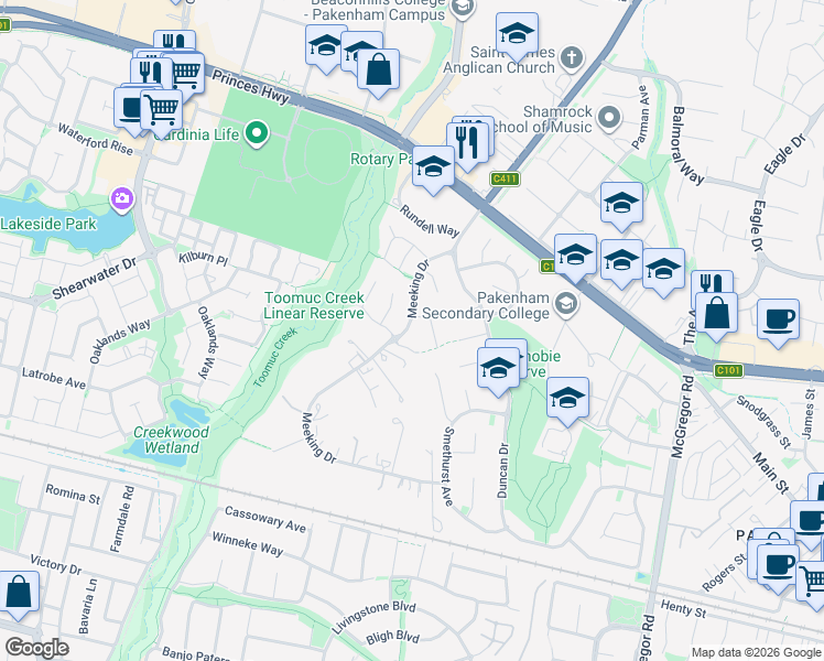 map of restaurants, bars, coffee shops, grocery stores, and more near 34 Meeking Drive in Pakenham