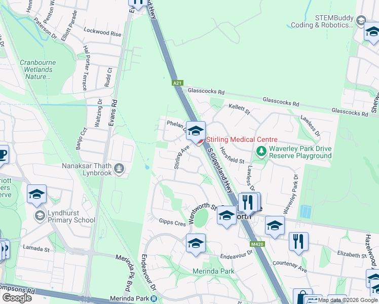 map of restaurants, bars, coffee shops, grocery stores, and more near 1 Terrence Drive in Cranbourne North