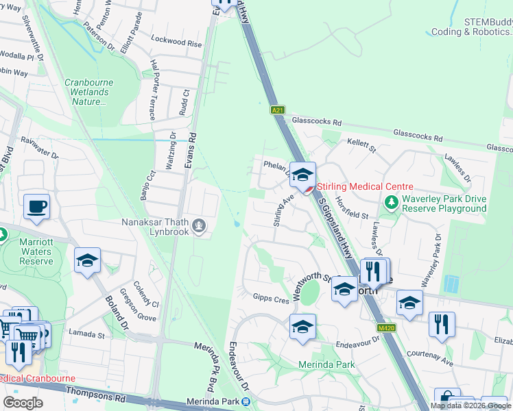 map of restaurants, bars, coffee shops, grocery stores, and more near 2 Kent Mews in Cranbourne North