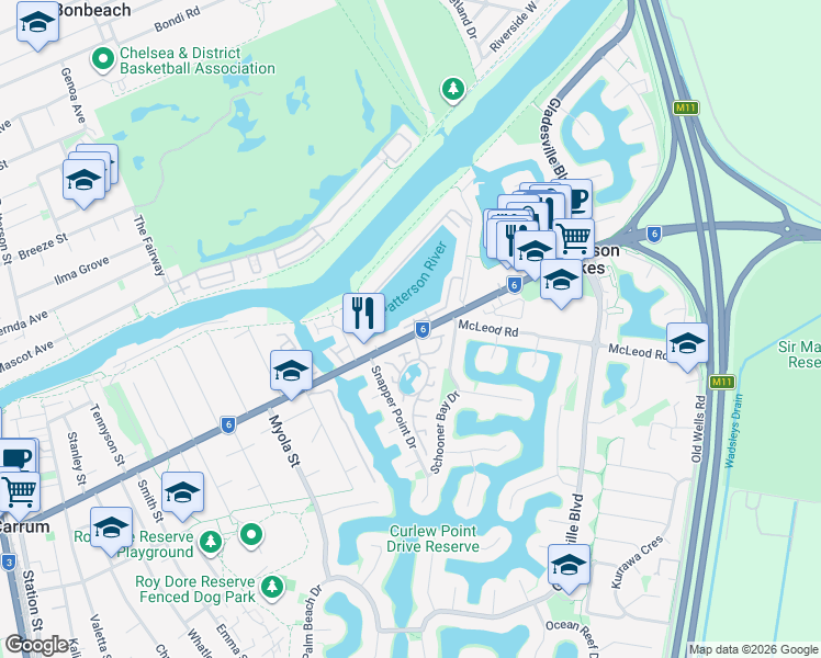map of restaurants, bars, coffee shops, grocery stores, and more near 70 Scarborough Drive in Patterson Lakes