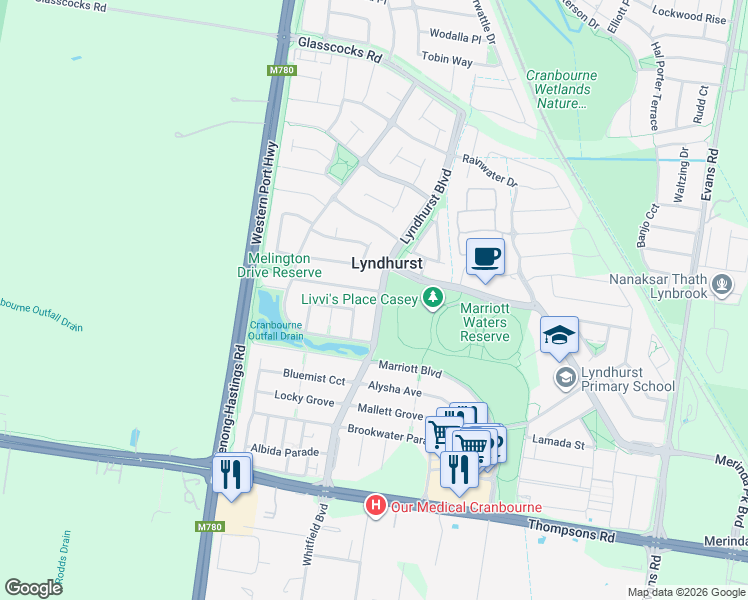 map of restaurants, bars, coffee shops, grocery stores, and more near 55 Lyndhurst Boulevard in Lyndhurst