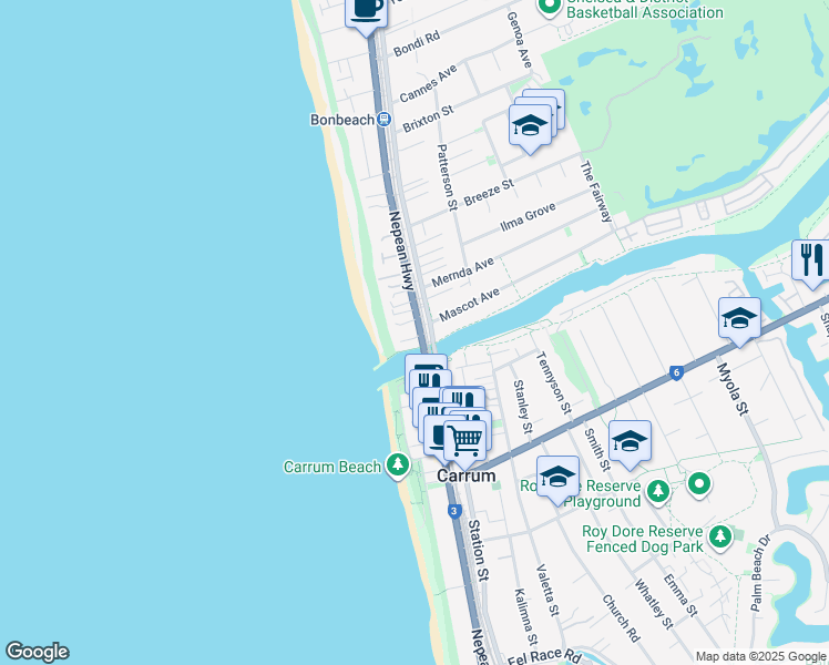 map of restaurants, bars, coffee shops, grocery stores, and more near 605 Nepean Highway in Bonbeach