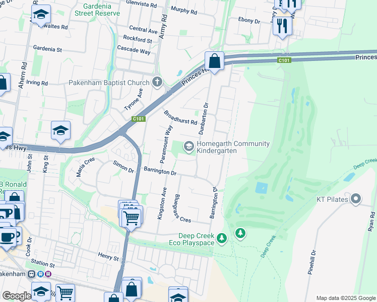map of restaurants, bars, coffee shops, grocery stores, and more near 9A Dunbarton Drive in Pakenham