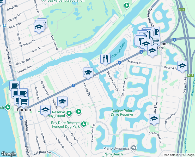 map of restaurants, bars, coffee shops, grocery stores, and more near 1 Canberra Street in Patterson Lakes