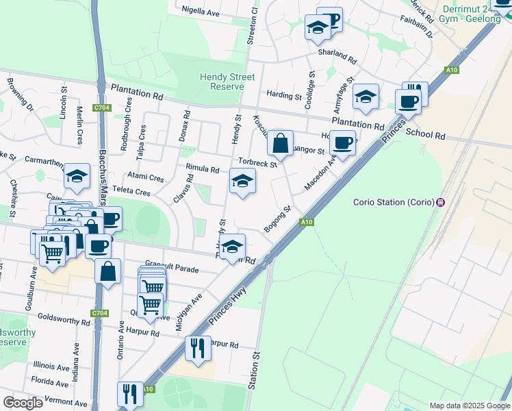 map of restaurants, bars, coffee shops, grocery stores, and more near LOT 8 Hendy Street in Corio