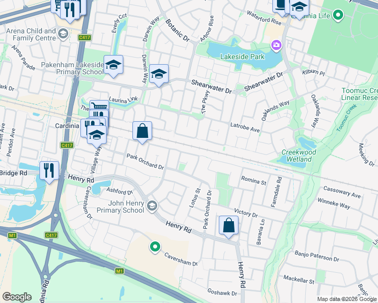 map of restaurants, bars, coffee shops, grocery stores, and more near 33 Moore Mews in Pakenham