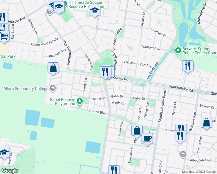 map of restaurants, bars, coffee shops, grocery stores, and more near 3 Ardor Avenue in Cranbourne North