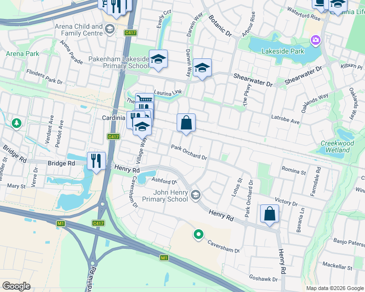 map of restaurants, bars, coffee shops, grocery stores, and more near 27 Park Orchard Drive in Pakenham