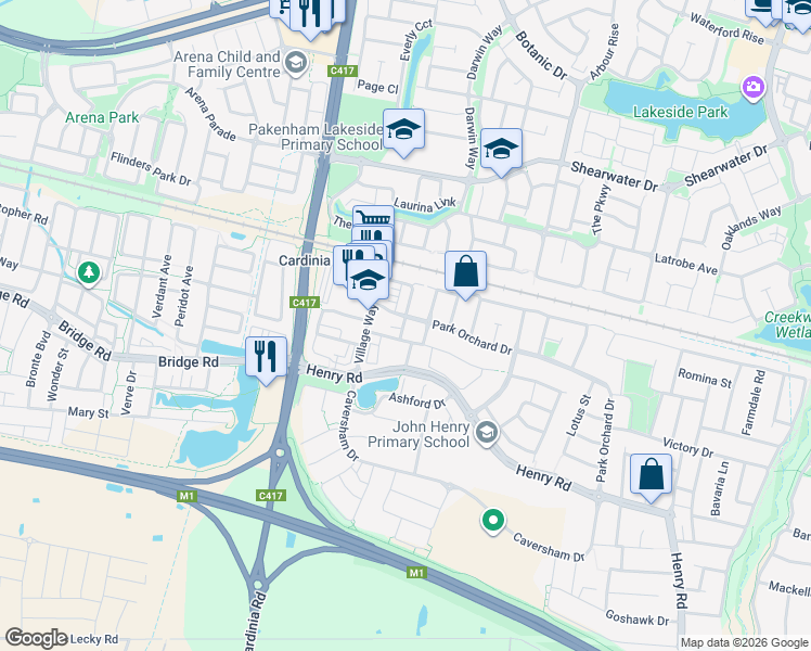 map of restaurants, bars, coffee shops, grocery stores, and more near 14 Haakman Way in Pakenham