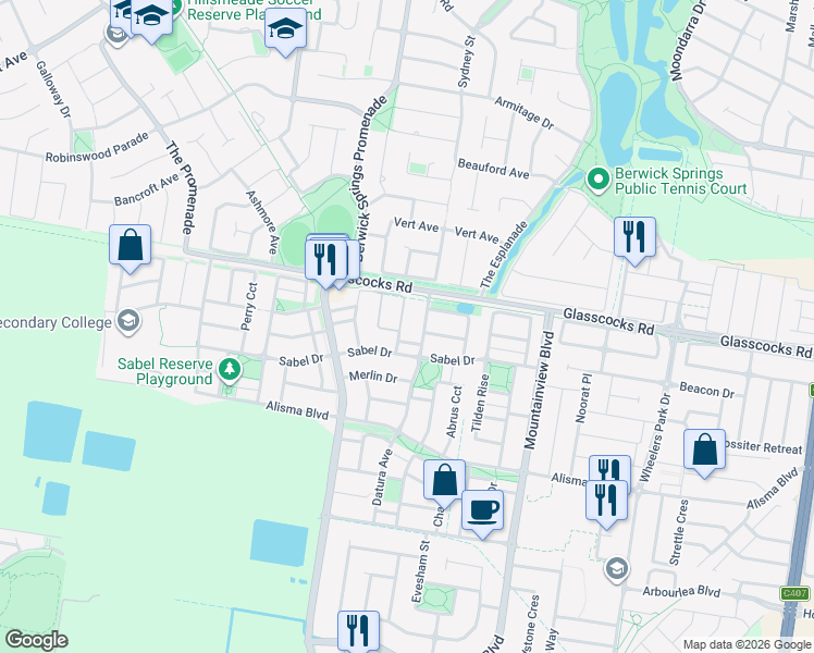 map of restaurants, bars, coffee shops, grocery stores, and more near 39 Kindred Avenue in Cranbourne North