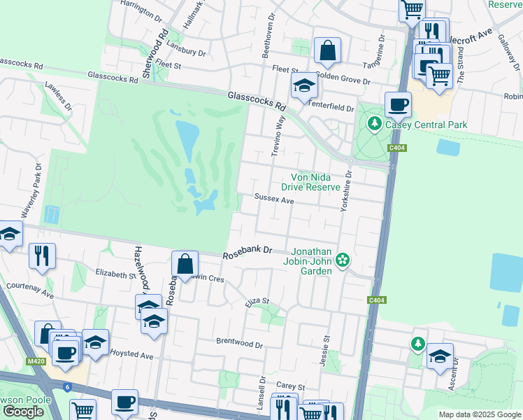 map of restaurants, bars, coffee shops, grocery stores, and more near 6 Westmoreland Avenue in Cranbourne North