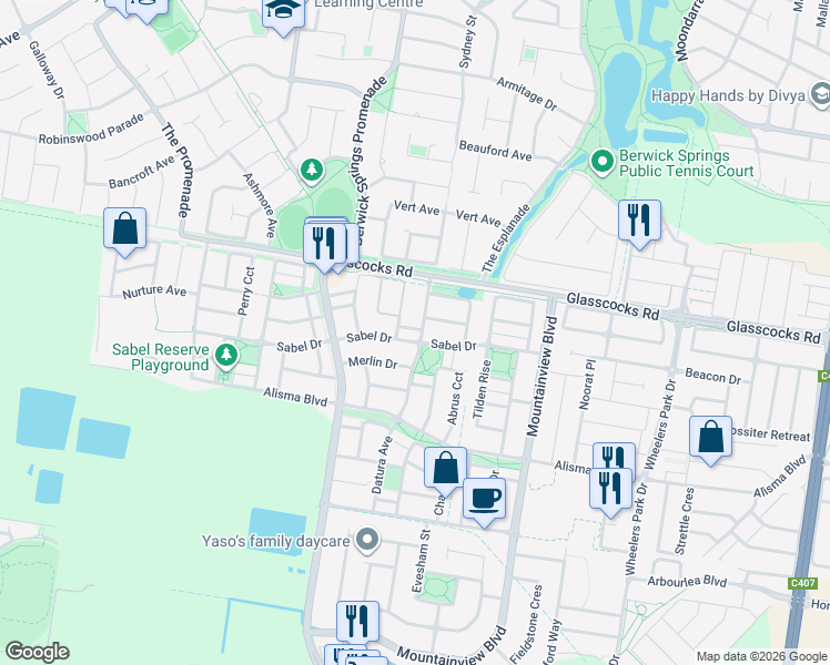 map of restaurants, bars, coffee shops, grocery stores, and more near 88 Sabel Drive in Cranbourne North
