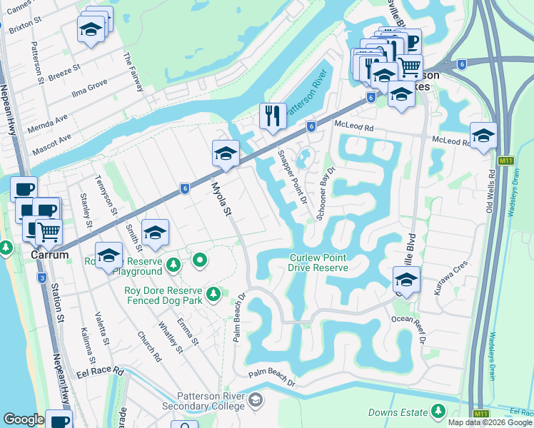 map of restaurants, bars, coffee shops, grocery stores, and more near 31-33 Canberra Street in Patterson Lakes
