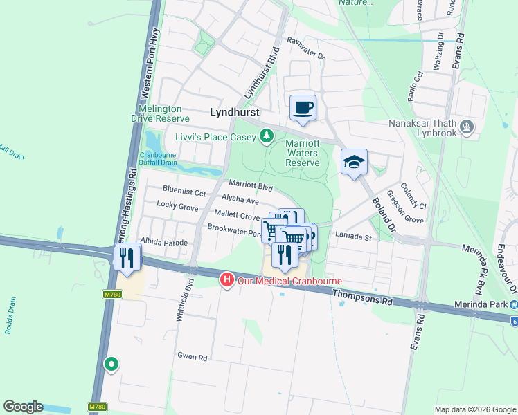 map of restaurants, bars, coffee shops, grocery stores, and more near 2 Watt Place in Lyndhurst
