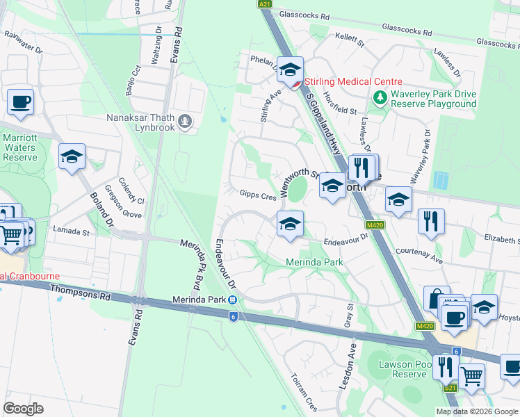 map of restaurants, bars, coffee shops, grocery stores, and more near 106 Endeavour Drive in Cranbourne North