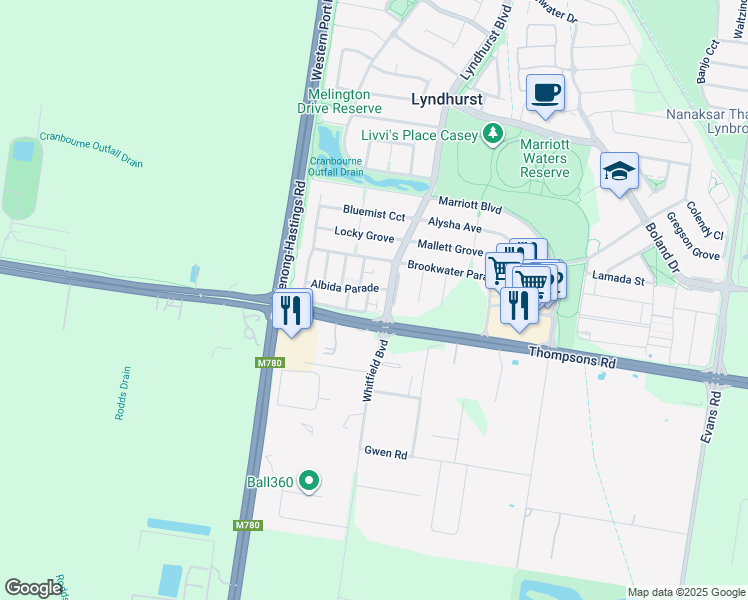 map of restaurants, bars, coffee shops, grocery stores, and more near 3 Albida Parade in Lyndhurst