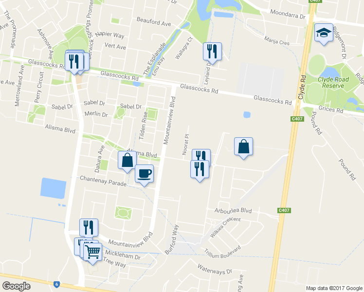 map of restaurants, bars, coffee shops, grocery stores, and more near 19 Noorat Place in Cranbourne North