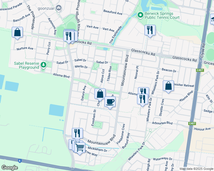 map of restaurants, bars, coffee shops, grocery stores, and more near 43 Tilden Rise in Cranbourne North