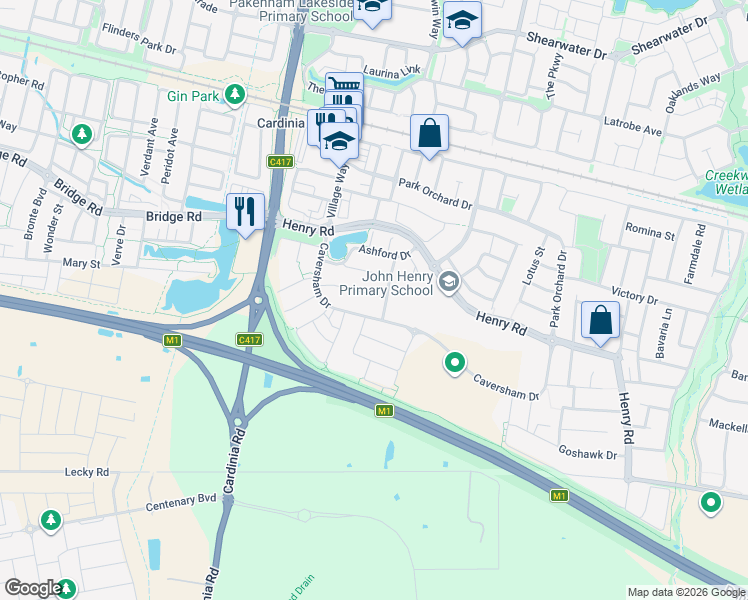 map of restaurants, bars, coffee shops, grocery stores, and more near 28 Naomi Street in Pakenham