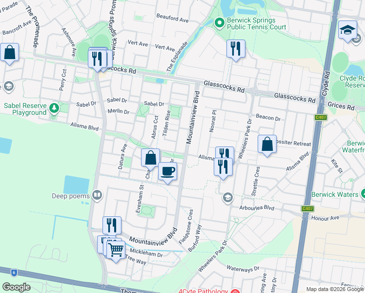 map of restaurants, bars, coffee shops, grocery stores, and more near 142 Mountainview Boulevard in Cranbourne North