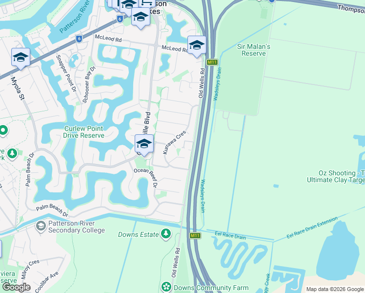 map of restaurants, bars, coffee shops, grocery stores, and more near 18 Oasis Court in Patterson Lakes