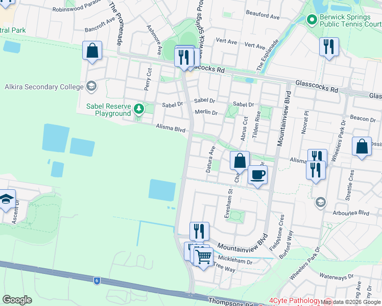 map of restaurants, bars, coffee shops, grocery stores, and more near 2 Buckthorn Drive in Cranbourne North