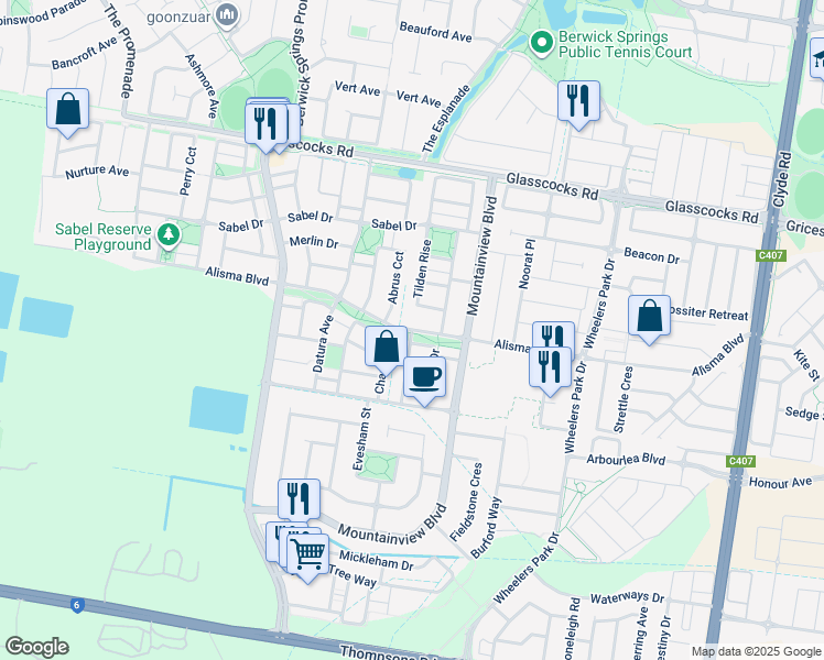 map of restaurants, bars, coffee shops, grocery stores, and more near 43 Tilden Rise in Cranbourne North
