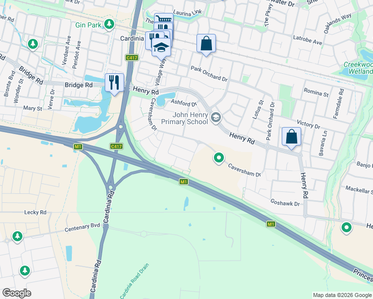 map of restaurants, bars, coffee shops, grocery stores, and more near Wendy Way in Pakenham
