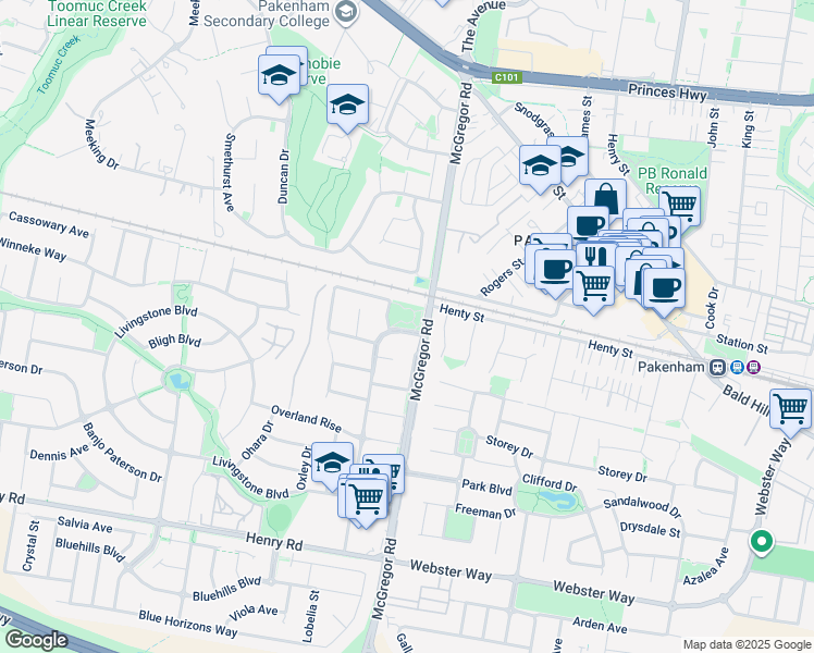 map of restaurants, bars, coffee shops, grocery stores, and more near 2-10 Heritage Boulevard in Pakenham