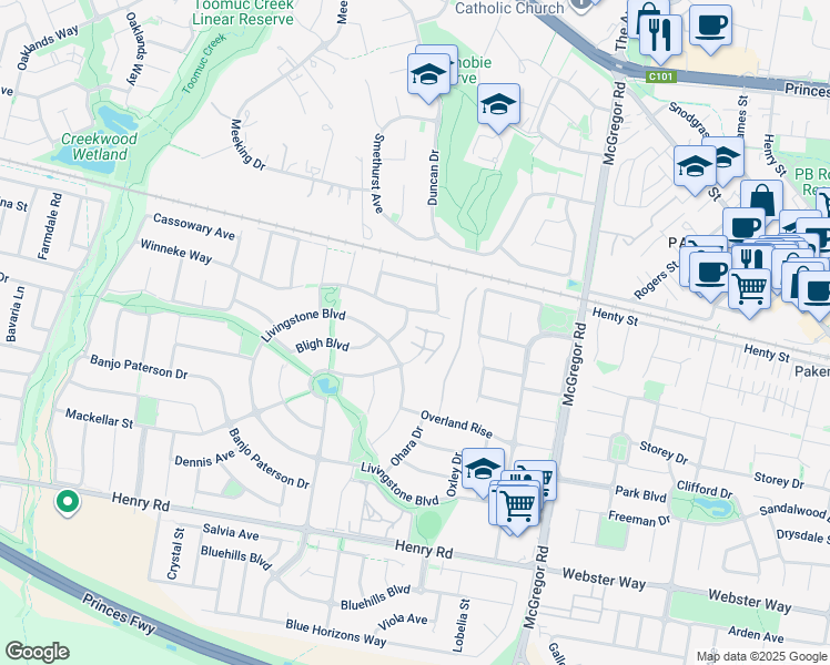 map of restaurants, bars, coffee shops, grocery stores, and more near 3 Manor View in Pakenham