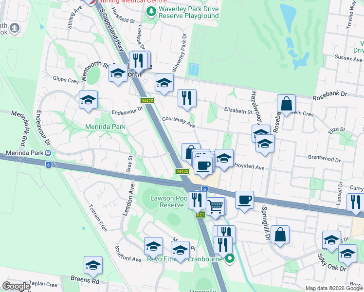 map of restaurants, bars, coffee shops, grocery stores, and more near 16 Peppercorn Court in Cranbourne North