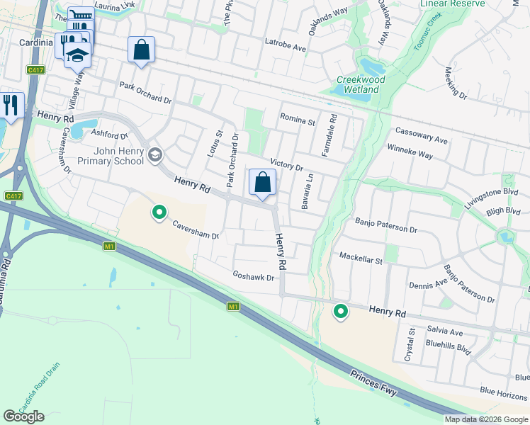 map of restaurants, bars, coffee shops, grocery stores, and more near 109 Henry Road in Pakenham