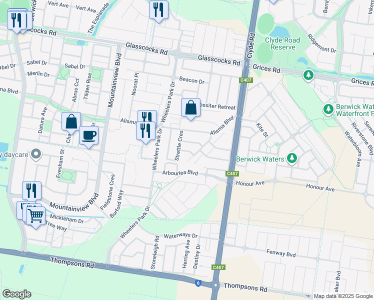map of restaurants, bars, coffee shops, grocery stores, and more near 9 Arapiles Street in Cranbourne North