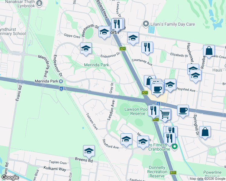 map of restaurants, bars, coffee shops, grocery stores, and more near 2 Gray Street in Cranbourne North