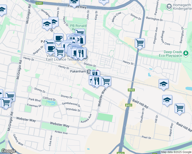 map of restaurants, bars, coffee shops, grocery stores, and more near 8 Bald Hill Road in Pakenham