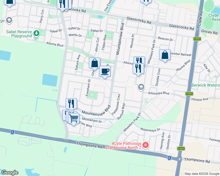 map of restaurants, bars, coffee shops, grocery stores, and more near 98 Mountainview Boulevard in Cranbourne North