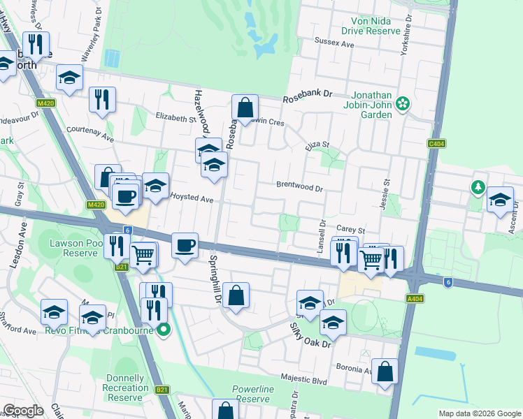 map of restaurants, bars, coffee shops, grocery stores, and more near 1 Frances Crescent in Cranbourne North