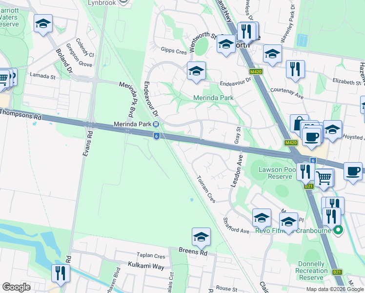 map of restaurants, bars, coffee shops, grocery stores, and more near 14 Tamworth Court in Cranbourne