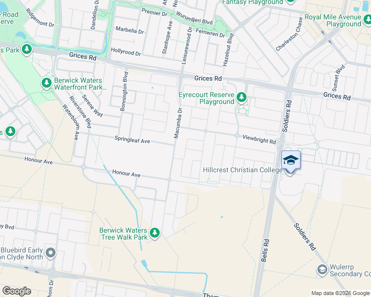 map of restaurants, bars, coffee shops, grocery stores, and more near Mernoo Avenue in Clyde North
