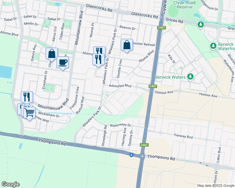 map of restaurants, bars, coffee shops, grocery stores, and more near 31 Wilkiea Crescent in Cranbourne North