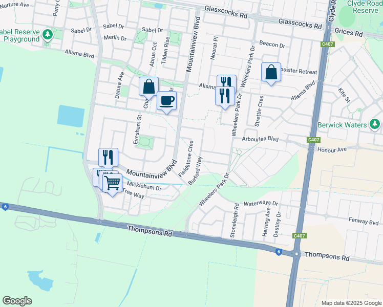 map of restaurants, bars, coffee shops, grocery stores, and more near 32 Fieldstone Crescent in Cranbourne North