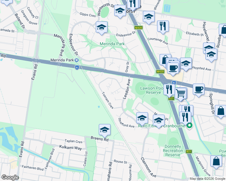 map of restaurants, bars, coffee shops, grocery stores, and more near 9 South Anderson Court in Cranbourne