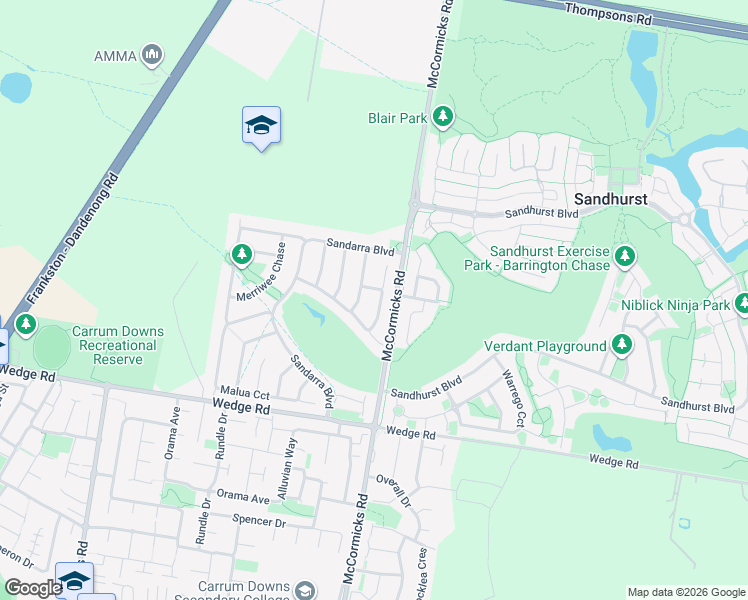 map of restaurants, bars, coffee shops, grocery stores, and more near 19 Wodalla Circuit in Sandhurst