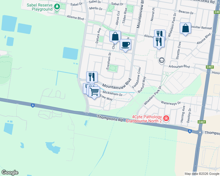 map of restaurants, bars, coffee shops, grocery stores, and more near 49 Mountainview Boulevard in Cranbourne North